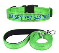 TagME Personalized Dog Collar and Leash Set, Reflective Embroidered Pet Collar with Name for Large Dogs, Green
