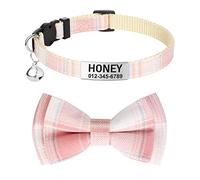 TagME Quick Release Cat Collars with Name Tag, Personalised Kitten Collar with Bell and Bow Tie, Engraved Pet ID Tag with Name & Phone Numbers, Plaid Baby Pink