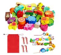 TAGMEIU 42Pcs Toddler Threading Toys, Animals Fruits Vegetables Toddler Threading Beads Wooden Toy, Fine Motor Skills Toys, Montessori Educational Toy