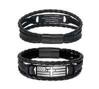 TAGOMEI Christian Gifts for Mens Leather Bracelet Birthday Gifts for Him Stainless Steel Engraved Braided Leather American Flag Cross Bible Verse Bracelets for Men Christian Religious Baptism Gifts