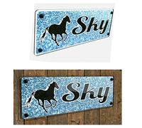 Tags4Nags-Personalised-Horse-Name-Acrylic-Stable-Name-plates-Sign-stable-door-Blue-Glitter-effect-and-Black-signs-with-screws-and-caps