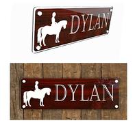Tags4Nags-Personalised-Horse-Stable-Name-Plaque-Yard-Personalised-Sign-Dark wood-effect-White-Writing stable door signs weather-proof