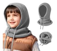 TAGVO 2 in 1 Kids Winter Warm Balaclava Hat, Windproof Knitted Hooded Hat Scarf, One Piece Beanies Caps Neck Warmer, Cozy Soft Pullover Hat Scarves Wraps for Boys Ages 4-10 Grey