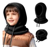 TAGVO 2 in 1 Kids Winter Warm Balaclava Hat, Windproof Knitted Hooded Hat Scarf, One Piece Beanies Caps Neck Warmer, Cozy Soft Pullover Hat Scarves Wraps for Boys Ages 4-10 Black