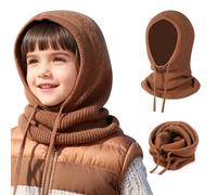 TAGVO 2 in 1 Kids Winter Warm Balaclava Hat, Windproof Knitted Hooded Hat Scarf, One Piece Beanies Caps Neck Warmer, Cozy Soft Pullover Hat Scarves Wraps for Boys Ages 4-10 Khaki