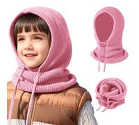 TAGVO 2 in 1 Kids Winter Warm Balaclava Hat, Windproof Knitted Hooded Hat Scarf, One Piece Beanies Caps Neck Warmer, Cozy Soft Pullover Hat Scarves Wraps for Boys Ages 4-10 Pink