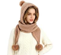 TAGVO 3-in-1 Knit Hooded Scarf Hat Faux Fur Pompom Beanie with Scarf & Earflaps Fleece Lining Warm Winter Balaclava for Women Khaki