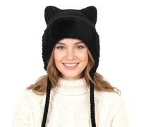 TAGVO AGVO Women Winter Knit Hat Cute Bear Ears Beanie Hat with Drawstrings Fluffy Earflap Cap Fleece Lined Windproof Warm Skull Cap Black
