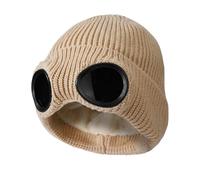 TAGVO Beanie Hat with Windproof Goggles, Winter Unisex Warm Fleece Lined Knit Hat, Thick Skull Cap Winter Woolly Hats for Outdoor Sports, Classic Stretchy Soft Knit Beanie Beige