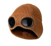 TAGVO Beanie Hat with Windproof Goggles, Winter Unisex Warm Fleece Lined Knit Hat, Thick Skull Cap Winter Woolly Hats for Outdoor Sports, Classic Stretchy Soft Knit Beanie Brown