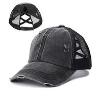 TAGVO Ponytail Baseball Cap for Women Criss Cross Mesh Baseball Hat Unisex Adjustable Washed Distressed High Messy Bun Ponycap Black