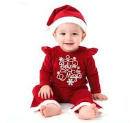 TAGVO Toddler Baby Christmas Elf Costume Outfit Warm Print Santa Clothes Sets with Hat for Girls and Boys 9-24M