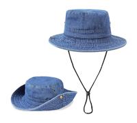 TAGVO Unisex Denim Bucket Hat - Vintage Washed Cotton Wide Brim Sun Hat with Adjustable Chin Strap, UV Protection for Safi Outdoor Activities