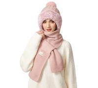 TAGVO Winter Knit Hat & Scarf Women, Ladies Stretchy Soft Elastic Windproof Classic Diamond Jacquard Hat With Pom Pom and Fleece Linning, Balaclava Hooded Scarf Set Lined Neck Warmer Cap for Women