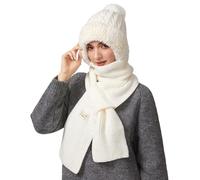 TAGVO Winter Knit Hat & Scarf Women, Ladies Stretchy Soft Elastic Windproof Classic Diamond Jacquard Hat With Pom Pom and Fleece Linning, Balaclava Hooded Scarf Set Lined Neck Warmer Cap for Women