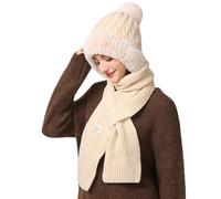 TAGVO Winter Knit Hat & Scarf Women, Ladies Stretchy Soft Elastic Windproof Classic Diamond Jacquard Hat With Pom Pom and Fleece Linning, Balaclava Hooded Scarf Set Lined Neck Warmer Cap for Women