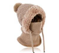 TAGVO Winter Warm Knitted Cap with Neck Warmer for Women, Slouch Ajustable Knit Beanie Hat with Hairball, Winter Woolly Hat with Warm Fleece Linning, Windproof Balaclava Snood Hood Hat For Women