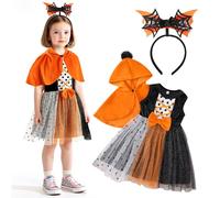 TAGVO Witch Pumpkin Costume Kids, Halloween Costumes with Witch Poncho Hooded Cape and Glasses Candy Bag, Sequin Tulle Mesh Princess Dresses for Kids Halloween Fancy Cosplay Dress up for Aged 1-6