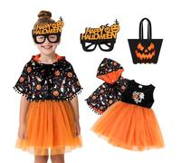 TAGVO Witch Pumpkin Costume Kids, Halloween Costumes with Witch Poncho Hooded Cape and Glasses Candy Bag, Sequin Tulle Mesh Princess Dresses for Kids Halloween Fancy Cosplay Dress up for Aged 1-6