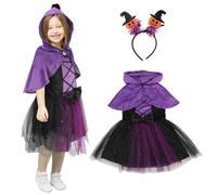 TAGVO Witch Pumpkin Costume Kids, Halloween Costumes with Witch Poncho Hooded Cape and Glasses Candy Bag, Sequin Tulle Mesh Princess Dresses for Kids Halloween Fancy Cosplay Dress up for Aged 1-6