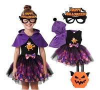 TAGVO Witch Pumpkin Costume Kids, Halloween Costumes with Witch Poncho Hooded Cape and Glasses Candy Bag, Sequin Tulle Mesh Princess Dresses for Kids Halloween Fancy Cosplay Dress up for Aged 1-6