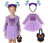TAGVO Witch Pumpkin Costume Kids, Halloween Costumes with Witch Poncho Hooded Cape and Glasses Candy Bag, Sequin Tulle Mesh Princess Dresses for Kids Halloween Fancy Cosplay Dress up for Aged 1-6
