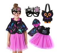 TAGVO Witch Pumpkin Costume Kids, Halloween Costumes with Witch Poncho Hooded Cape and Glasses Candy Bag, Sequin Tulle Mesh Princess Dresses for Kids Halloween Fancy Cosplay Dress up for Aged 1-6