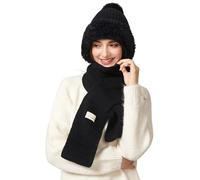 TAGVO Women Winter Beanie Hat with Striped Scarf, Ladies Stretchy Soft Elastic Windproof Double Layer Thermal Hat With Pom Pom, Wooly Smooth Feel Balaclava Ski Face Mask Neck Warmer Cap for Outdoor