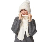 TAGVO Women Winter Beanie Hat with Striped Scarf, Ladies Stretchy Soft Elastic Windproof Double Layer Thermal Hat With Pom Pom, Wooly Smooth Feel Balaclava Ski Face Mask Neck Warmer Cap for Outdoor