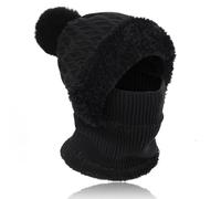 TAGVO Women Winter Knit Hat Scarf Set, 3-in-1 Multifunction Windproof Thermal Elastic Snood Hood Beanie with Loop Scarf in Soft Fleece Linning, Ladies Pom-pom Hat Balaclava Face Ski Mask Black