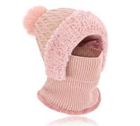 TAGVO Women Winter Knit Hat Scarf Set, 3-in-1 Multifunction Windproof Thermal Elastic Snood Hood Beanie with Loop Scarf in Soft Fleece Linning, Ladies Pom-pom Hat Balaclava Face Ski Mask Pink