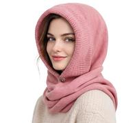 TAGVO Women Winter Warm Knit Hat Scarf, Ladies Soft Elastic Windproof Snood Hood Beanie Hat Skull Cap, 2 in 1 Balaclava Hooded Scarf Neck Warmer for Women Outdoor Hiking Working Event Party Deep Pink