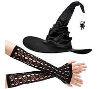 TAGVO Women's Halloween Wizard Hat Set - Floppy Brim Hat with Spiders, Pretender Silk Satin for Costume Party and Cosplay