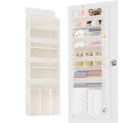 TAHAVICE Over Door Baby Nappy Storage Organiser, 4 Shelves Plus 1 Large Capacity Nappy Caddy with 10 Mesh Side Pockets, Baby Essentials for Newborn, Diaper Organiser for Nursery, Bedroom, 1 Pack Beige