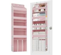 TAHAVICE Over Door Baby Nappy Storage Organiser, 4 Shelves Plus 1 Large Capacity Nappy Caddy with 10 Mesh Side Pockets, Baby Essentials for Newborn, Diaper Organiser for Nursery, Bedroom, 1 Pack Pink