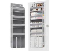 TAHAVICE Over Door Storage Organiser with 5 Large Clear Pockets 10 Mesh Side Pockets, Hanging Shelves with Clear Window, 40 lbs Load Back of Door Storage for Laundry, Bathroom, Nursery, Bedroom, Grey