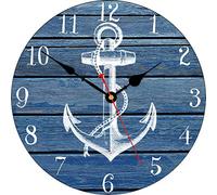 TAHEAT 14 Inch White Anchor Pattern Wall Clock, Non Ticking Silent Clocks, Nautical Retro Wooden Arabic Numeral Clocks, Easy to Read Wall Clocks for Kitchen/Living Room/Bedroom