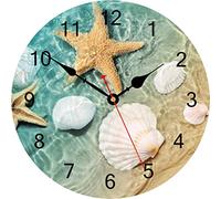 TAHEAT 30cm Wall Clock, Unusual Modern Seashell Starfish Clock, Large Silent Wall Clock Coastal Beach Nautical Decor for Bathroom Living Room Kitchen Bedroom Office