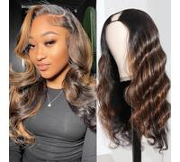 Tahikie Highlights Ombre U Part Human Hair Wig Body Wave 180% Density U Wig Brazilian Human Hair for Black Women 10A Full Head Clip E