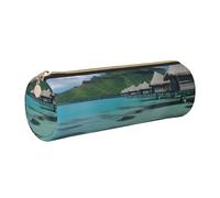Tahiti Beach Printed Cylindrical Leather Pencil Case for Girls Boys, Gold Zipper Pencil Bag Pen Pouch Organizer for Student School Office College