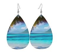 Tahiti Beach Printed Water Drop Earrings, Lightweight Leather Teardrop Dangle for Date and Party