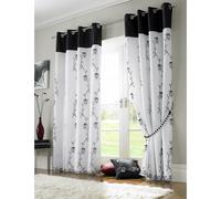 Tahiti Embroidered Lined Voile Eyelet Curtains, Black, 56 x 54-Inch