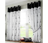tahiti lined black & white embroidered voile curtains with chrome eyelet heading 58 x 72"