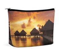 Tahiti Resort Sunset Peel Makeup Bag, Portable PU Leather Cosmetic Bag with Zipper Pouch, Waterproof Travel Toiletry Bag for Women Men