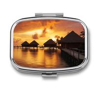 Tahiti Resort Sunset Peel Pill Case for Travel, Rectangle Metal Pill Organizer with 2 Compartments, Portable Daily Medicine Box for Purse, Wallet