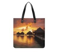 Tahiti Resort Sunset Peel Tote Bag for Women, Extra Large PU Leather Handbag, Soft Shoulder Bag for Work & Beach