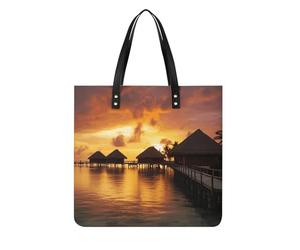 Tahiti Resort Sunset Peel Tote Bag for Women, Extra Large PU Leather Handbag, Soft Shoulder Bag for Work & Beach