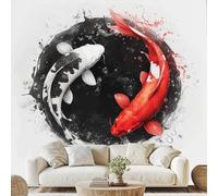 Tai Chi Carp Pattern Mural Yin Yang Carp Fish Self-Adhesive Wallpaper 100x70 cm Chinese Ink Canvas Wall Paper for Bedroom Living Room Wall Mural Removable Stickers ds67m