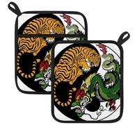 Tai Chi Dragon and Tiger Symbol Pot Holders for Kitchen Set of 2, Potholder Heat Resistant Potholder for Microwave Cooking Baking Oven End Dishes and BBQ