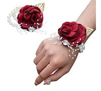 TAIANJI 2PCS Wrist Corsages for Weddings, Satin Rose Wrist Artificial Wrist Flower, Bride Bridesmaid Wristlet with Rhinestone and Pearl for Wedding Party Prom Decor Bride and Groom(Dark Red)